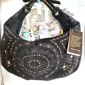 DONALD J PLINER  COUTURE Black Elaborate Embroidery Baguette Suede Leather Purse